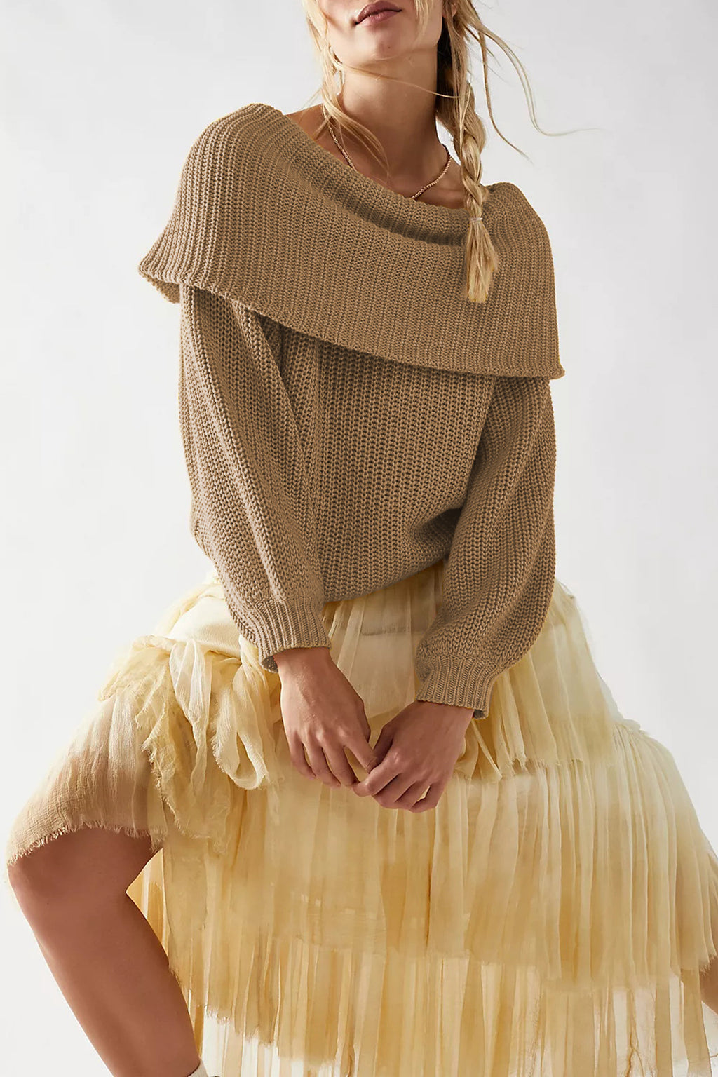 Fold Over Collar Off Shoulder Knit Sweater - Khaki