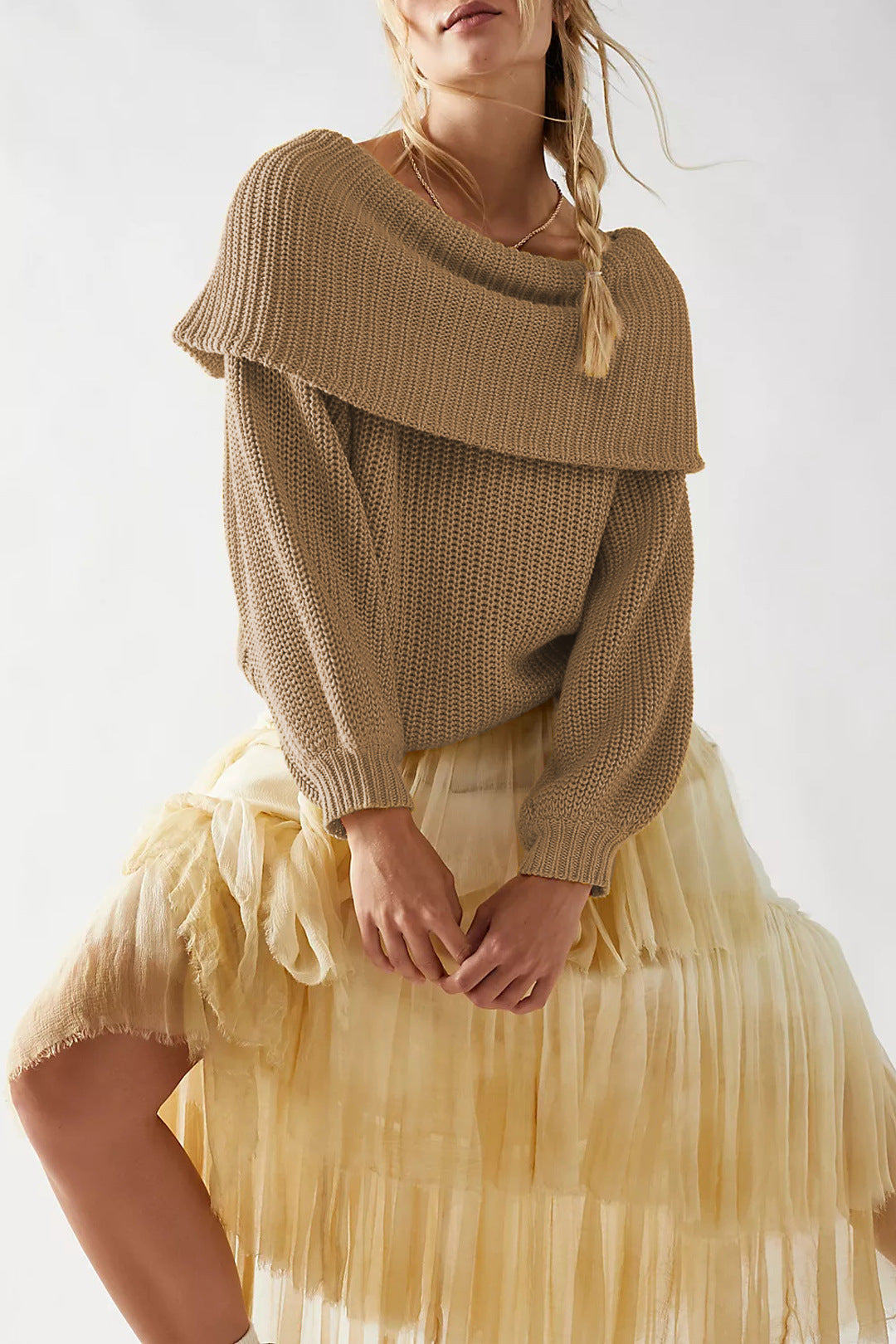 Fold Over Collar Off Shoulder Knit Sweater - Khaki