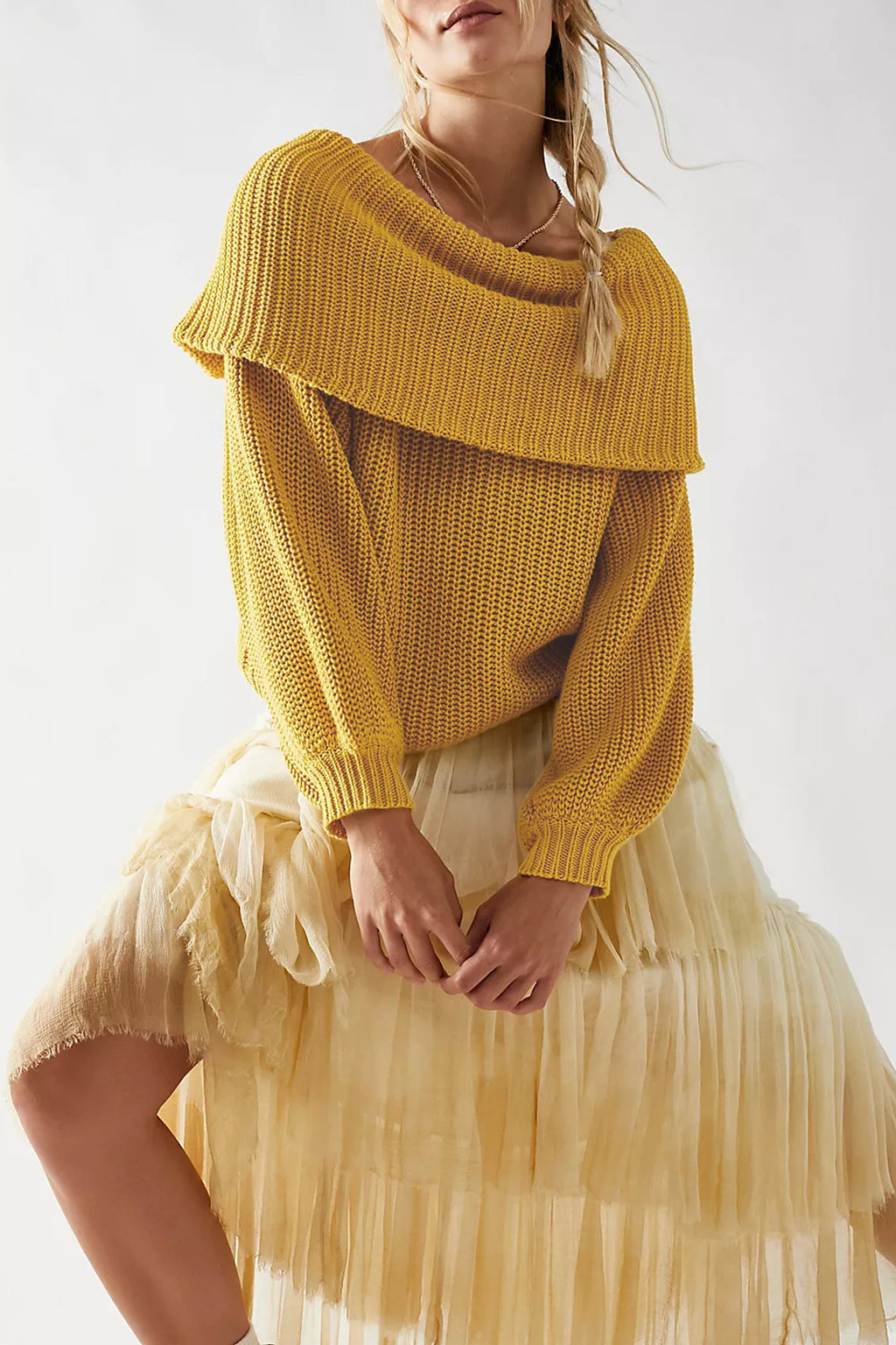 Fold Over Collar Off Shoulder Knit Sweater - Yellow