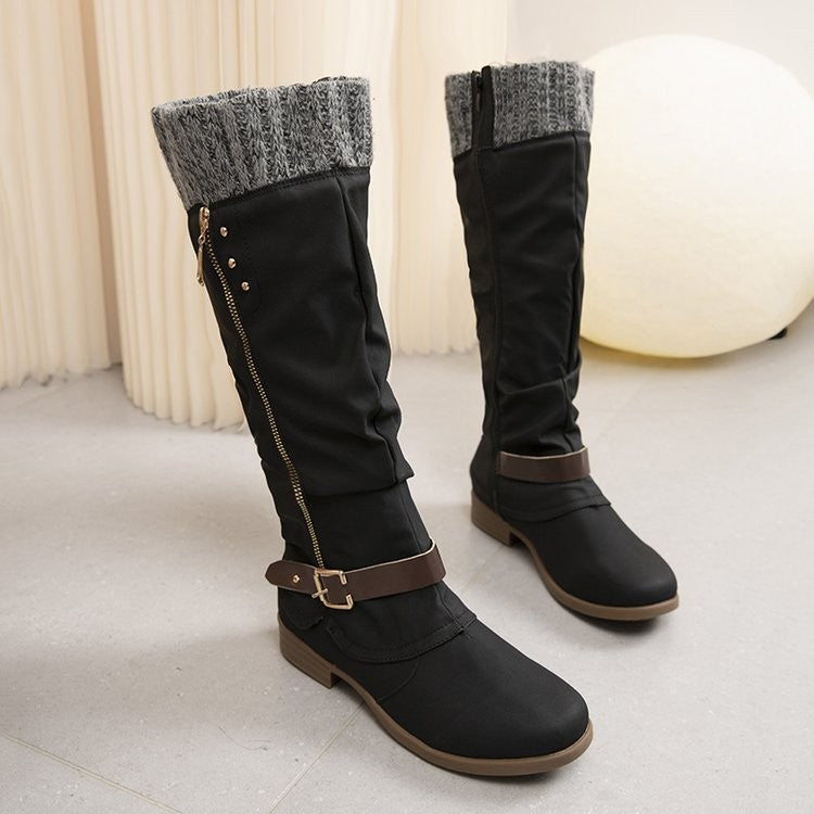 Knit Cuff Slouchy Knee High Riding Boots - Black
