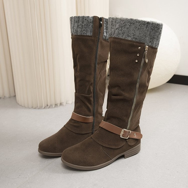 Knit Cuff Slouchy Knee High Riding Boots - Brown
