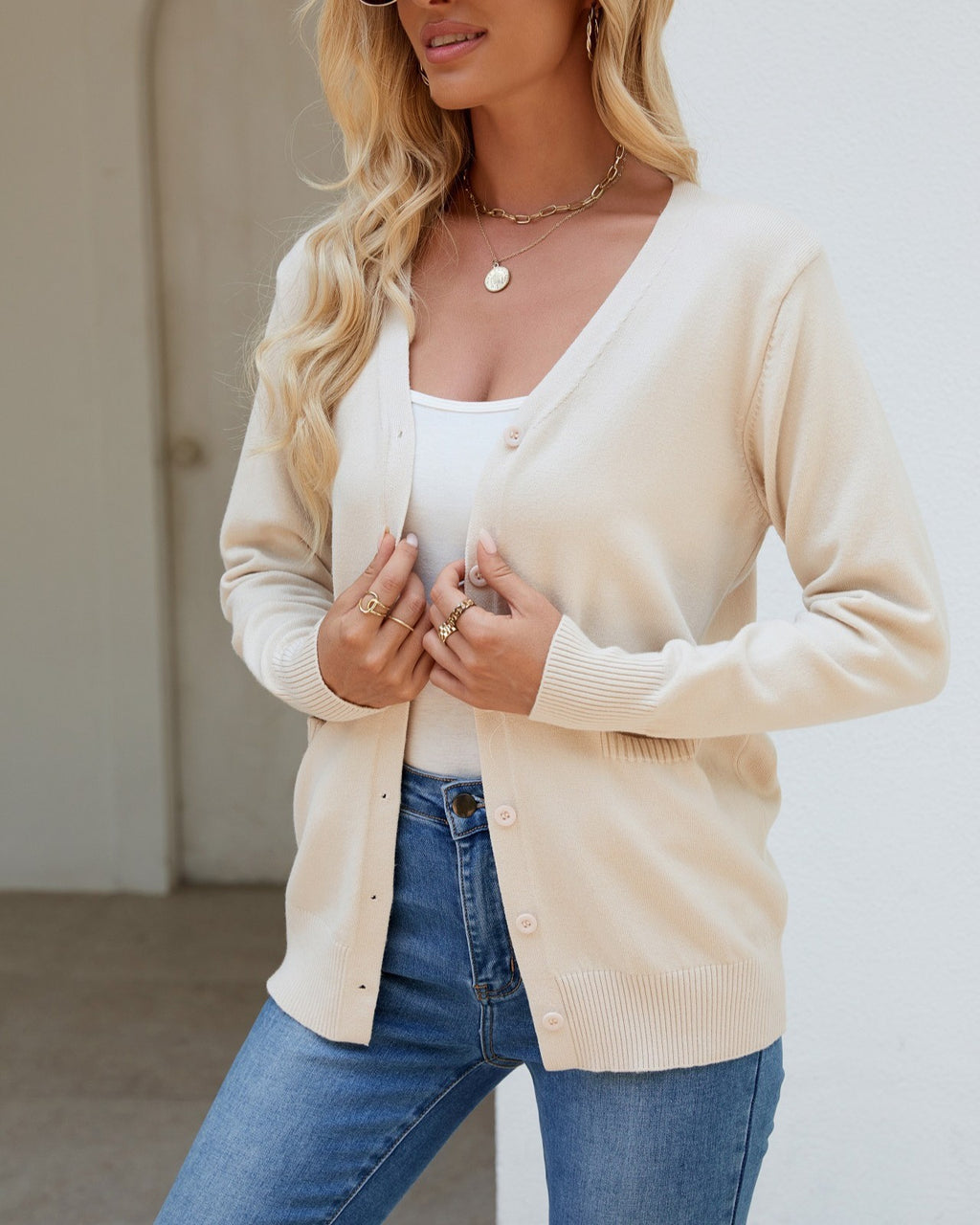 V Neck Button Down Pocket Cardigan - Apricot - 1