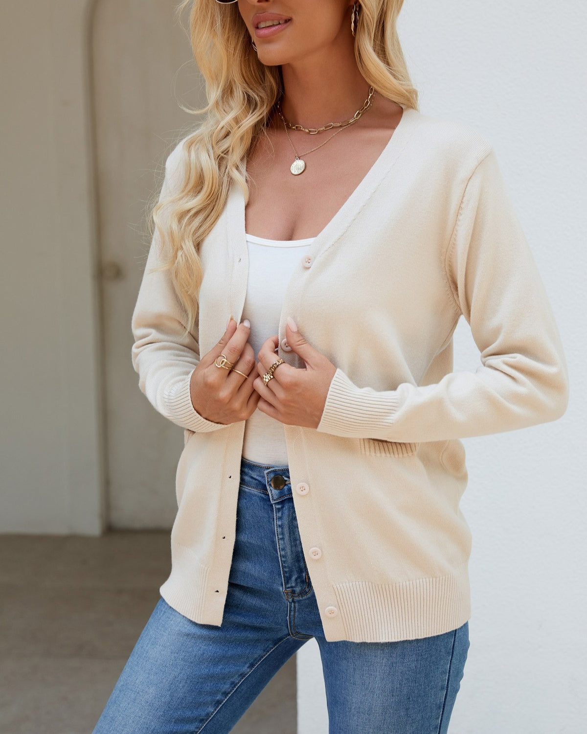 V Neck Button Down Pocket Cardigan - Apricot - 1