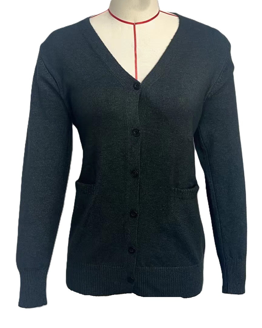 V Neck Button Down Pocket Cardigan - Black-Gray