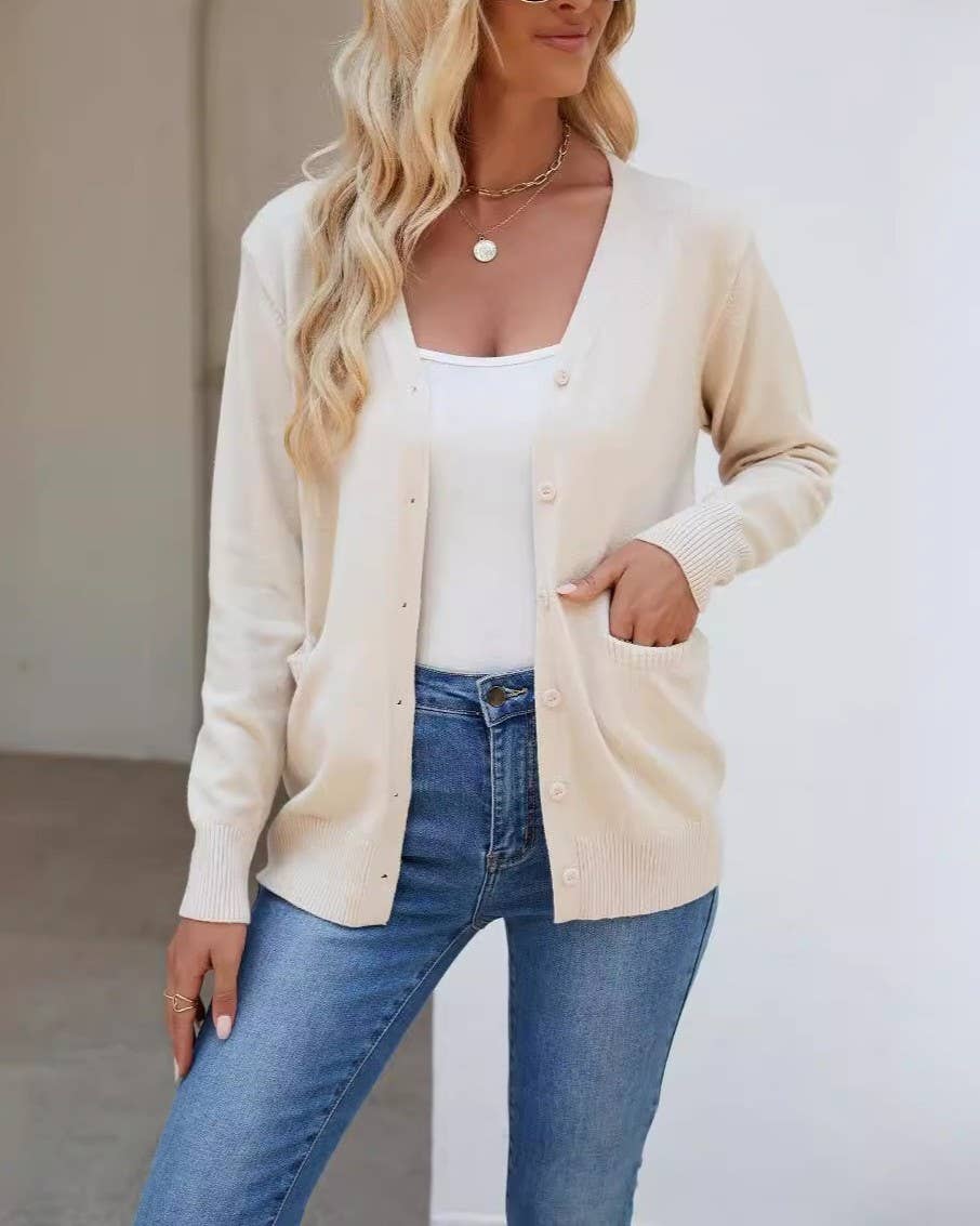 V Neck Button Down Pocket Cardigan