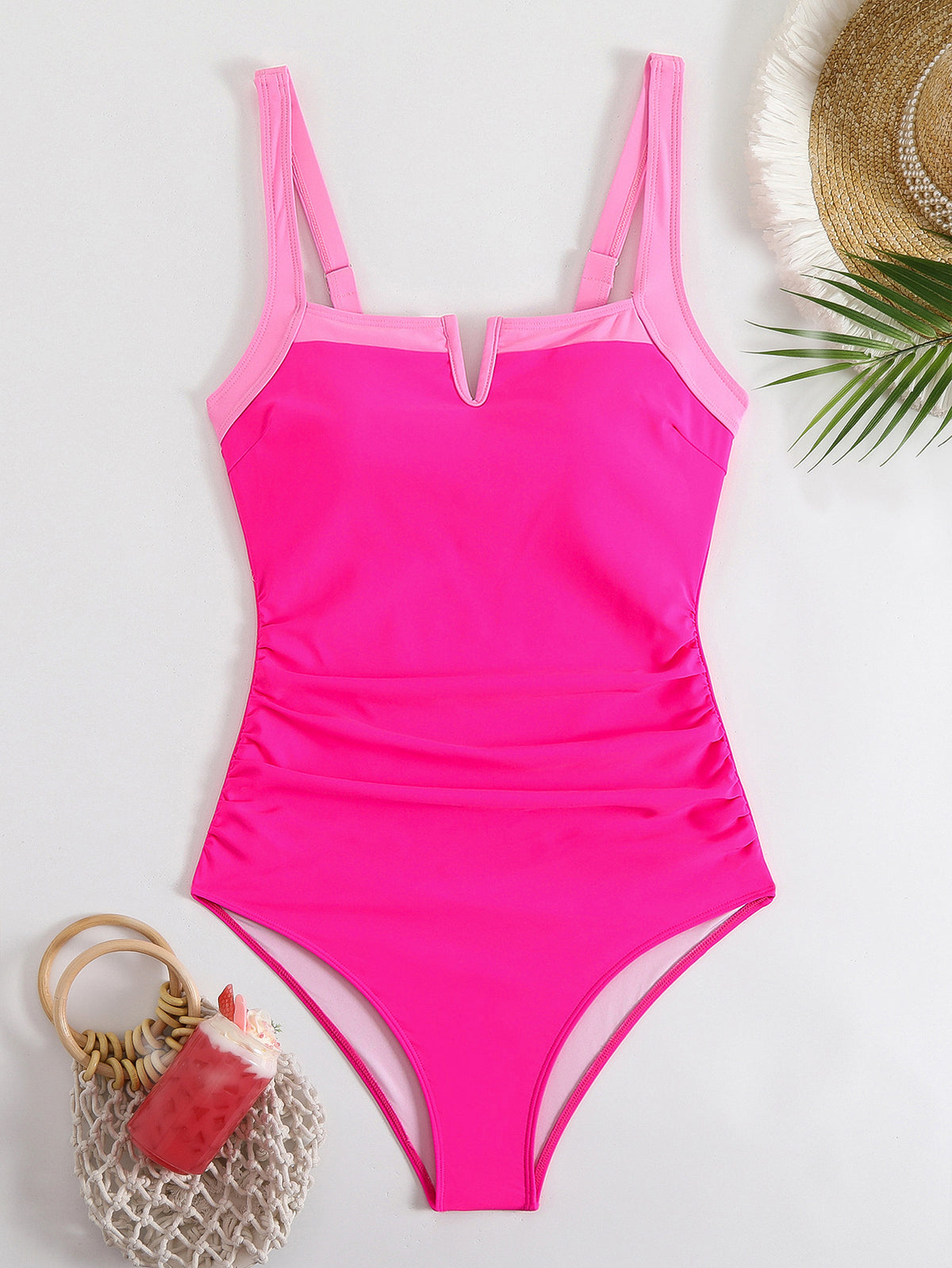 Notched Square Neck One Piece Swimsuit - Rosered