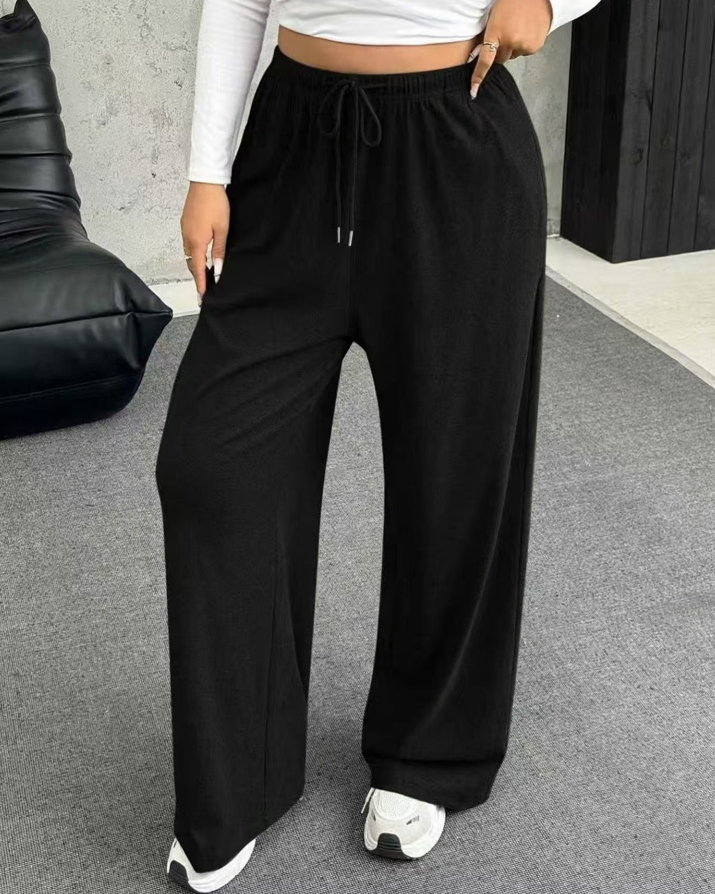 Ribbed Knit Wide Leg Drawstring Trousers - Black