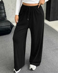 Ribbed Knit Wide Leg Drawstring Trousers - Black