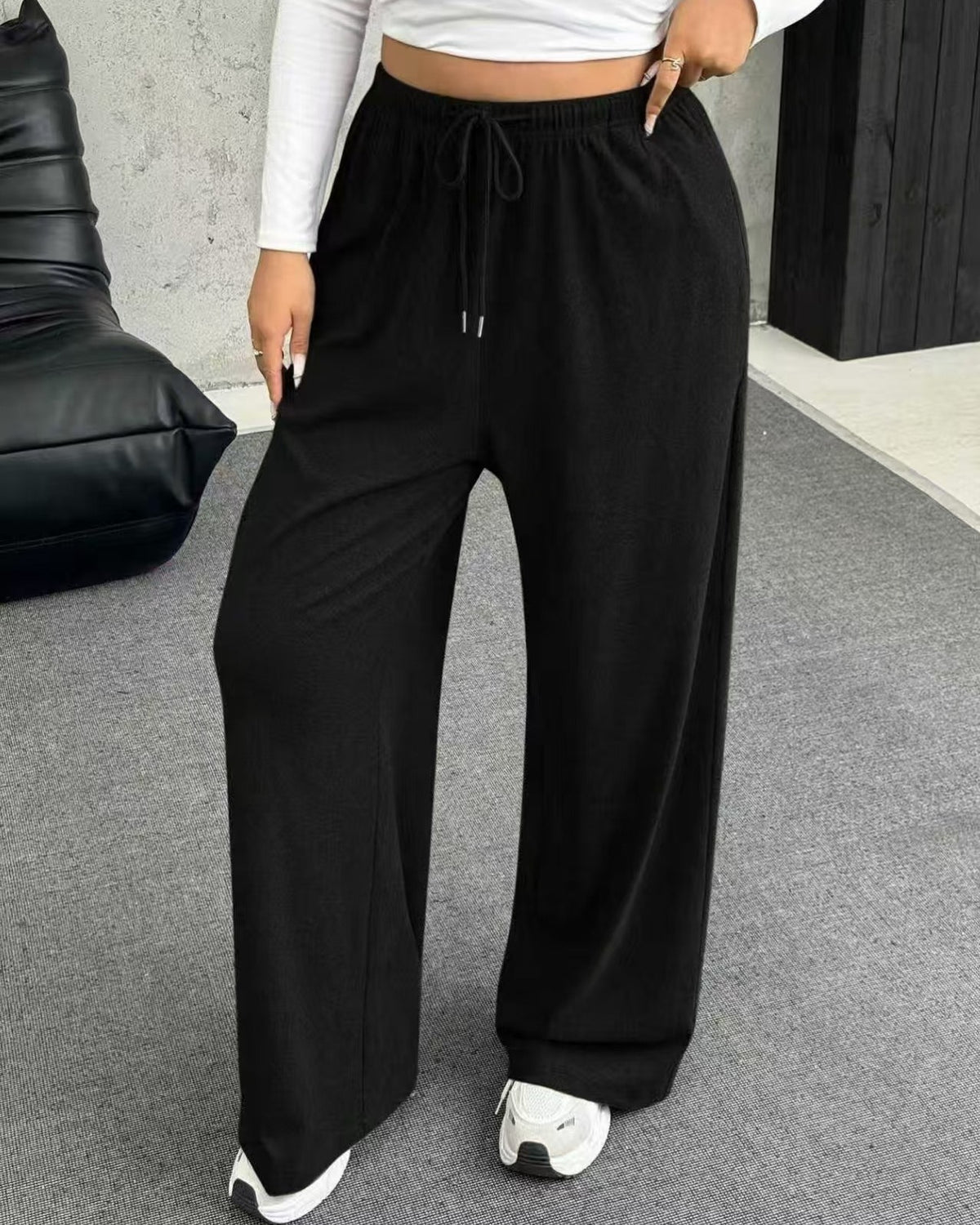 Ribbed Knit Wide Leg Drawstring Trousers - Black
