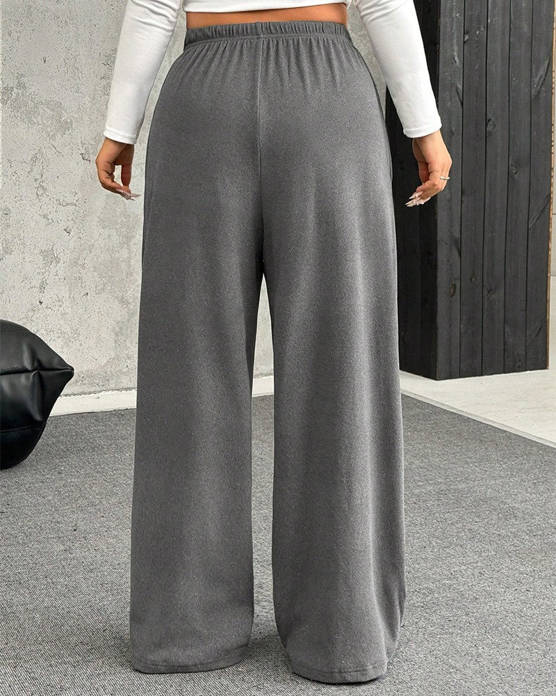 Ribbed Knit Wide Leg Drawstring Trousers - Grey
