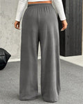 Ribbed Knit Wide Leg Drawstring Trousers - Grey