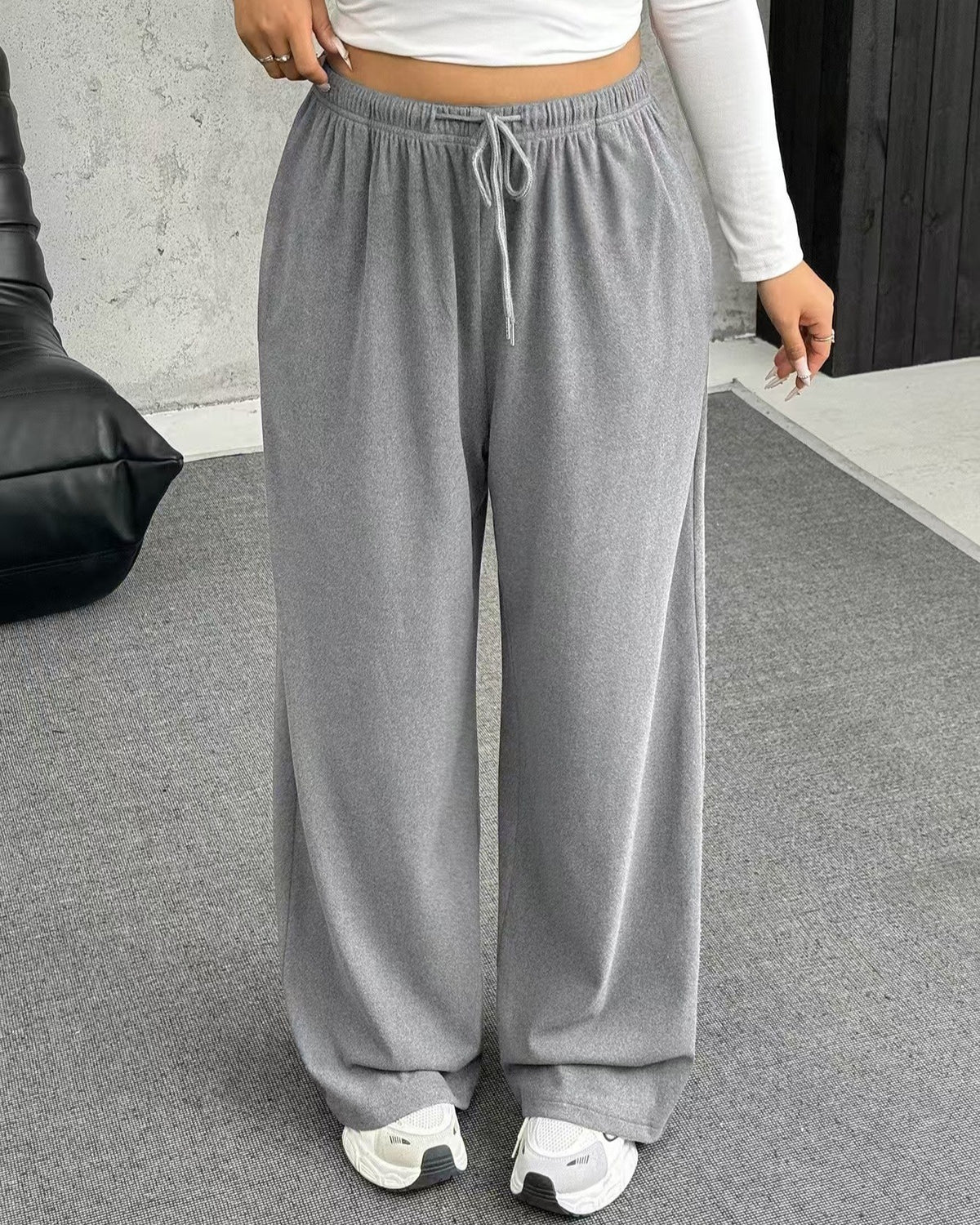 Ribbed Knit Wide Leg Drawstring Trousers - Light-Gray