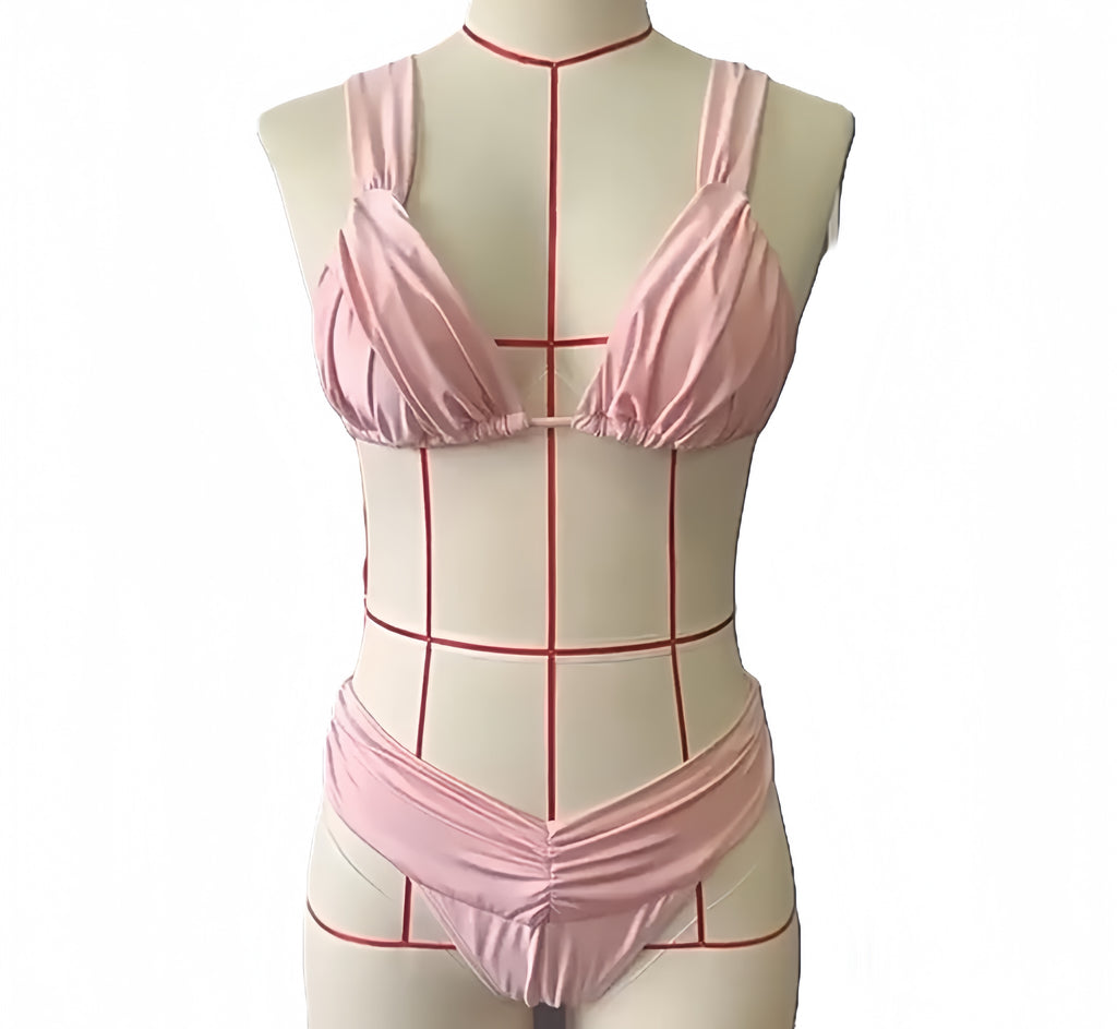 Pleated Triangle Bikini Two Piece Swimsuit - Pink