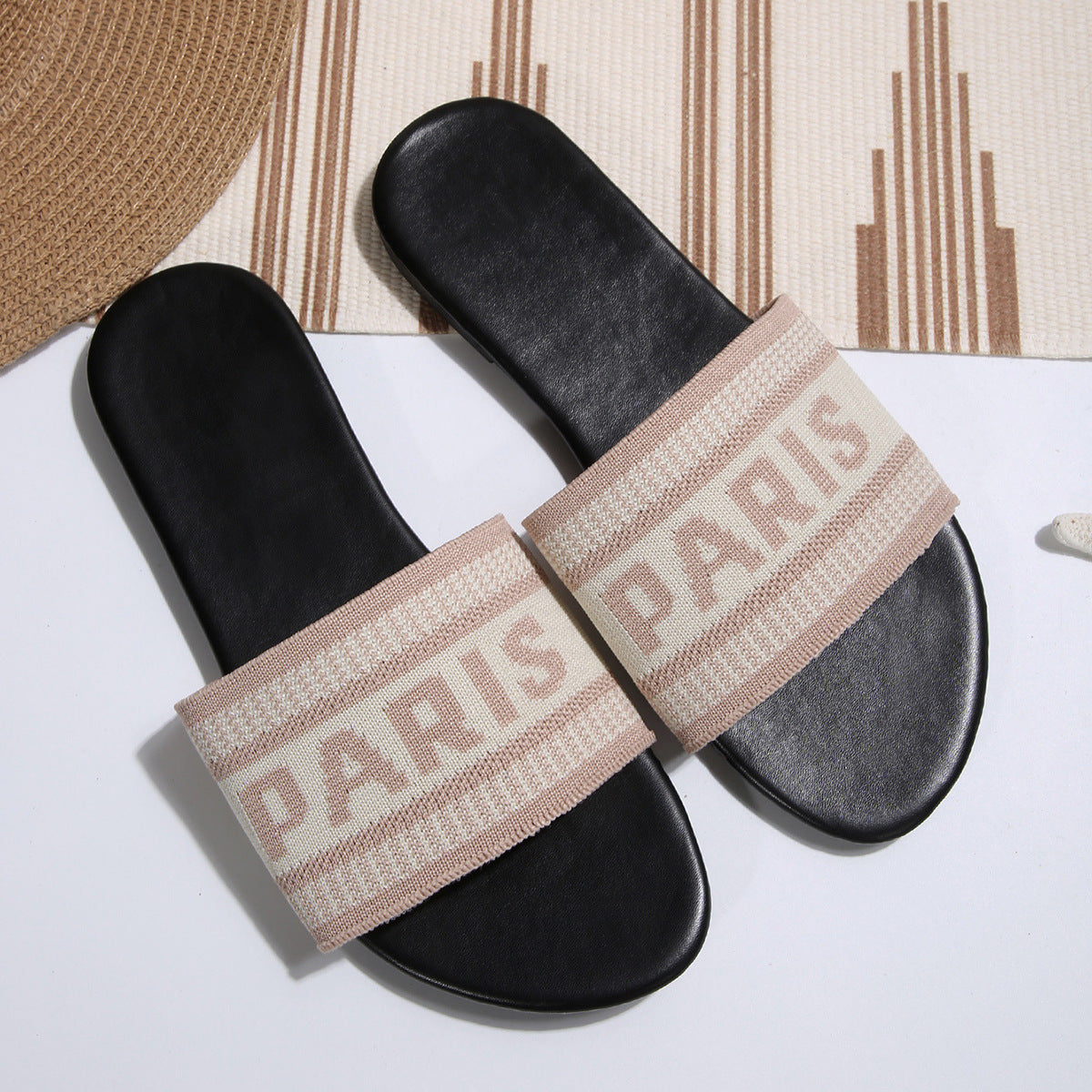 Woven Letter Band Flat Slide Sandals - Apricot