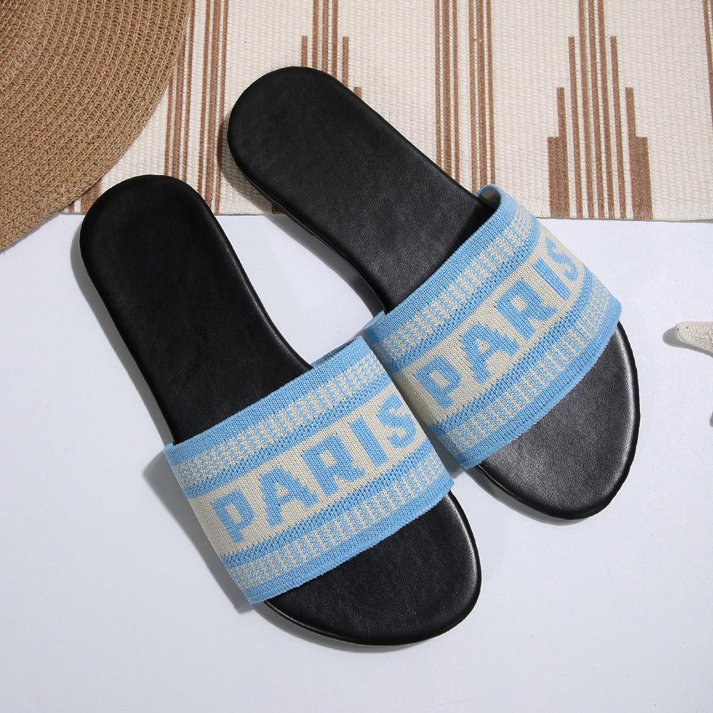Woven Letter Band Flat Slide Sandals - Blue