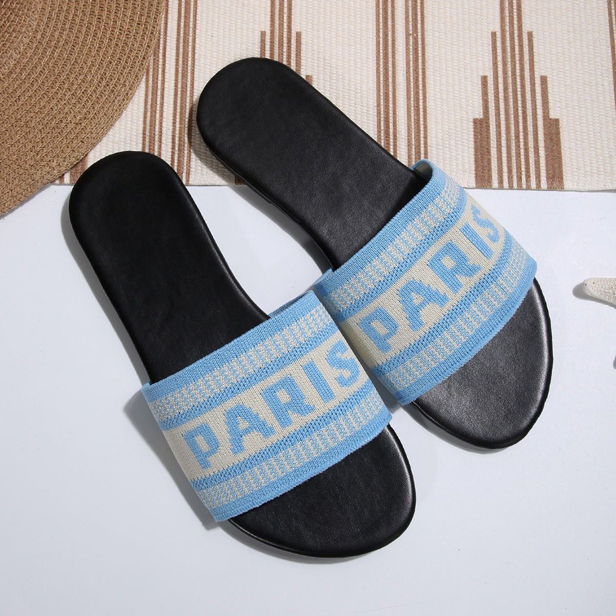 Woven Letter Band Flat Slide Sandals - Blue