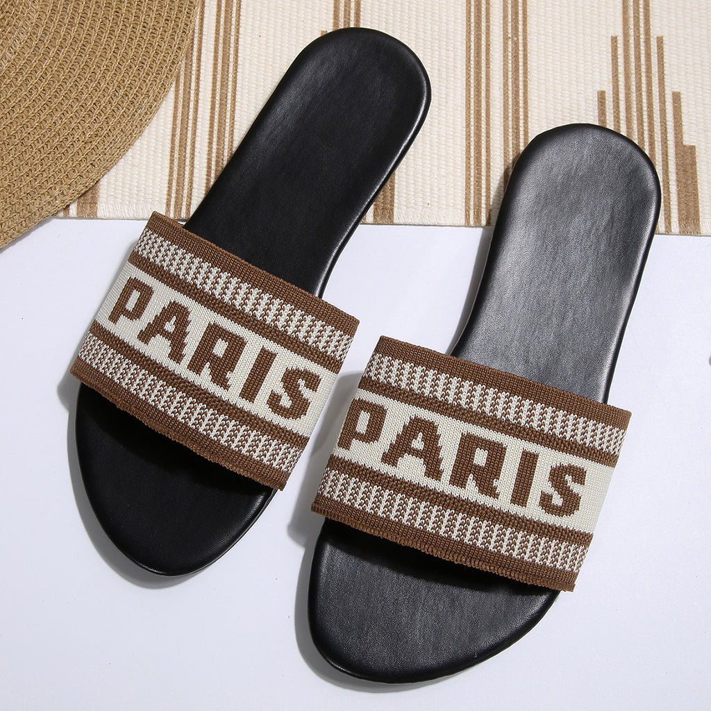 Woven Letter Band Flat Slide Sandals - Brown