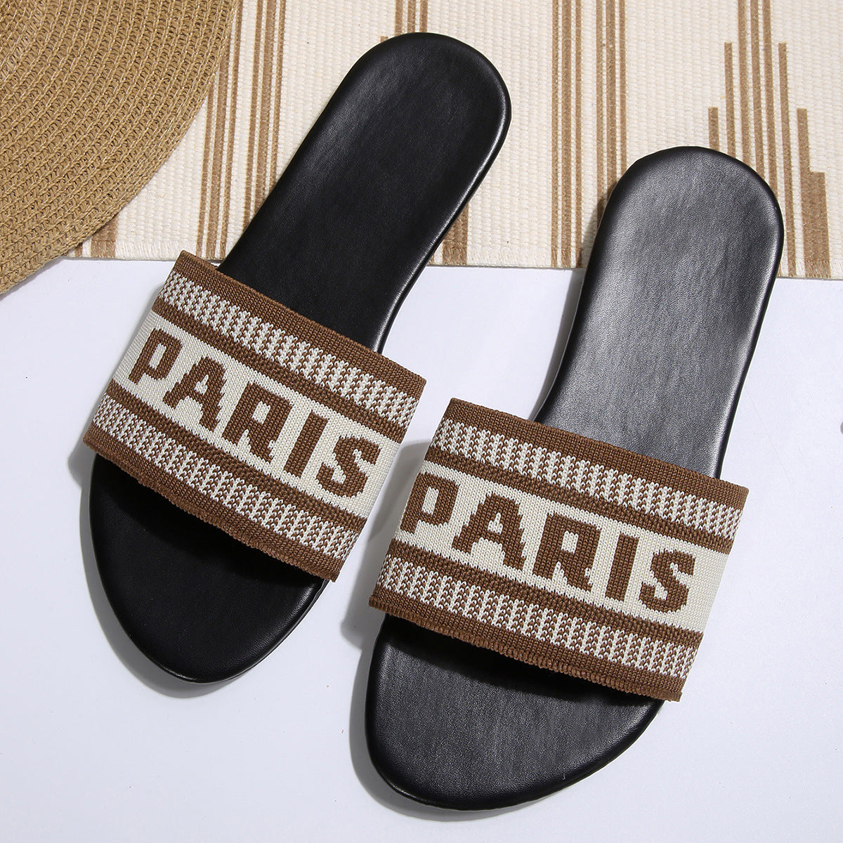 Woven Letter Band Flat Slide Sandals - Brown