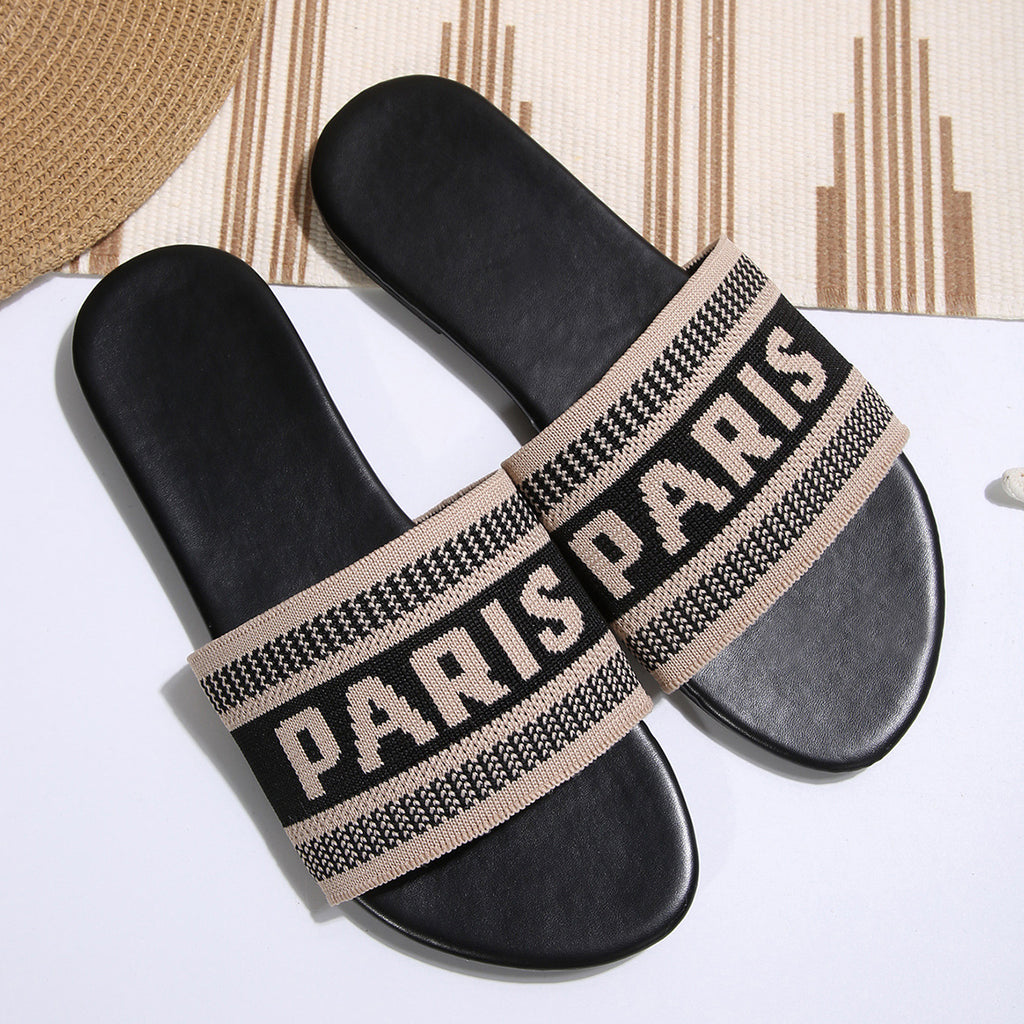 Woven Letter Band Flat Slide Sandals - Khaki