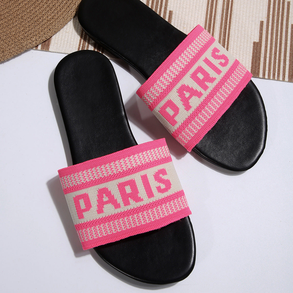 Woven Letter Band Flat Slide Sandals - Rose