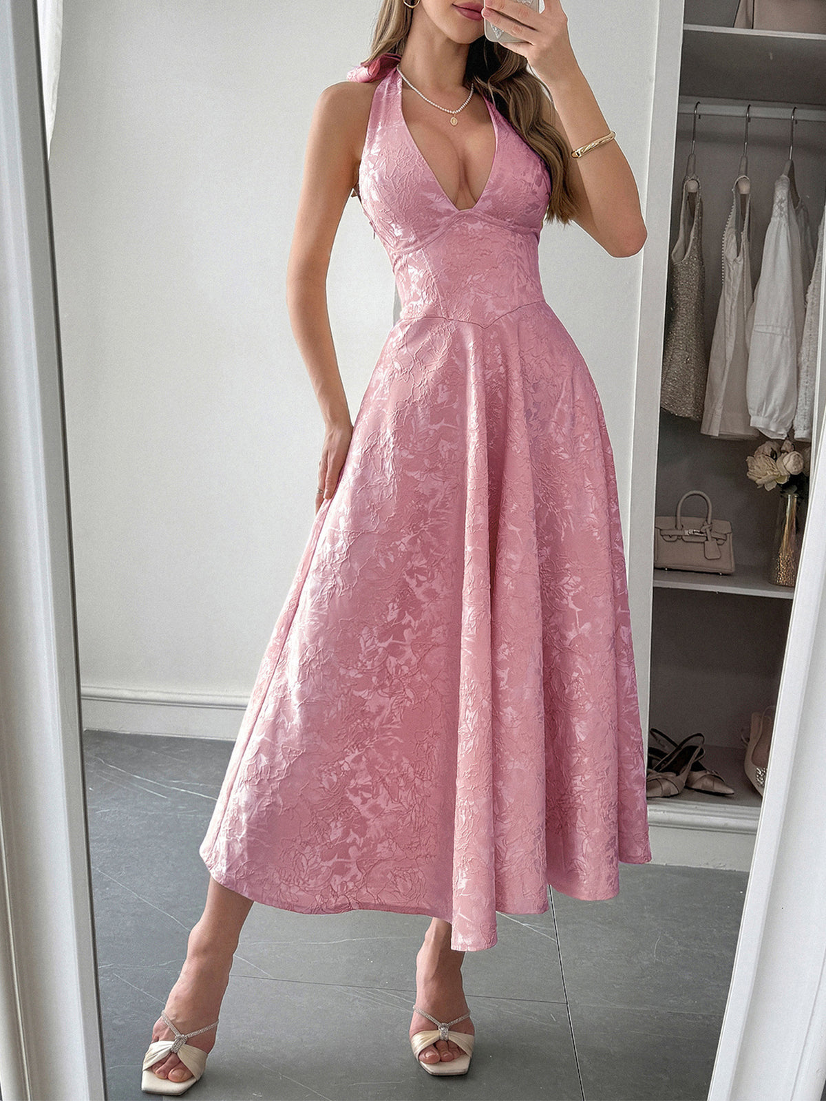 Plunge Neck Jacquard Fit and Flare Dress - Pink
