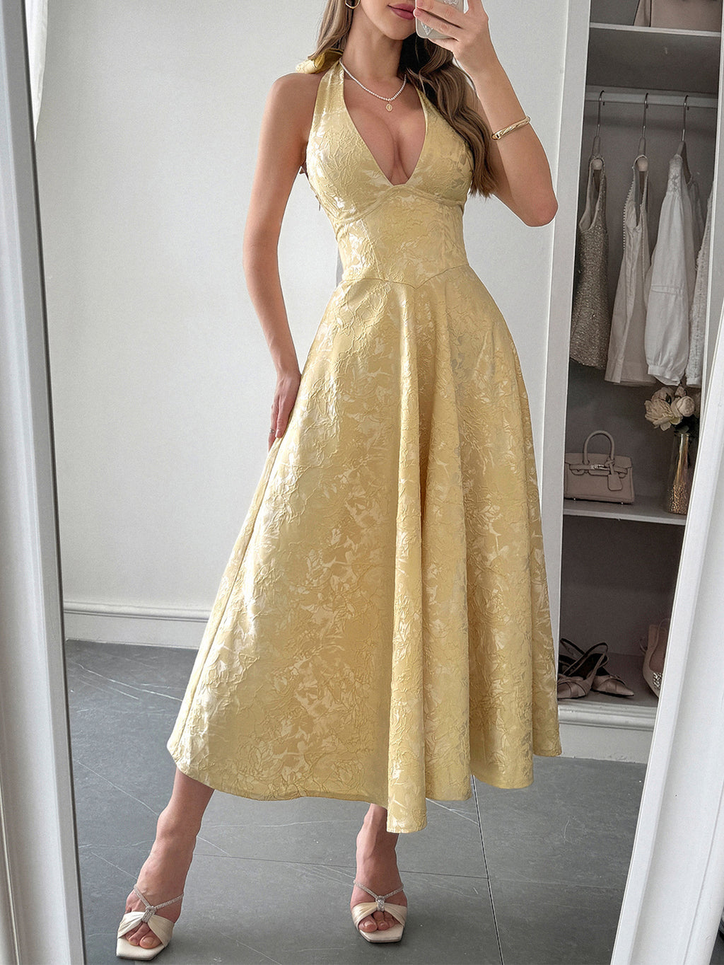 Plunge Neck Jacquard Fit and Flare Dress - Yellow
