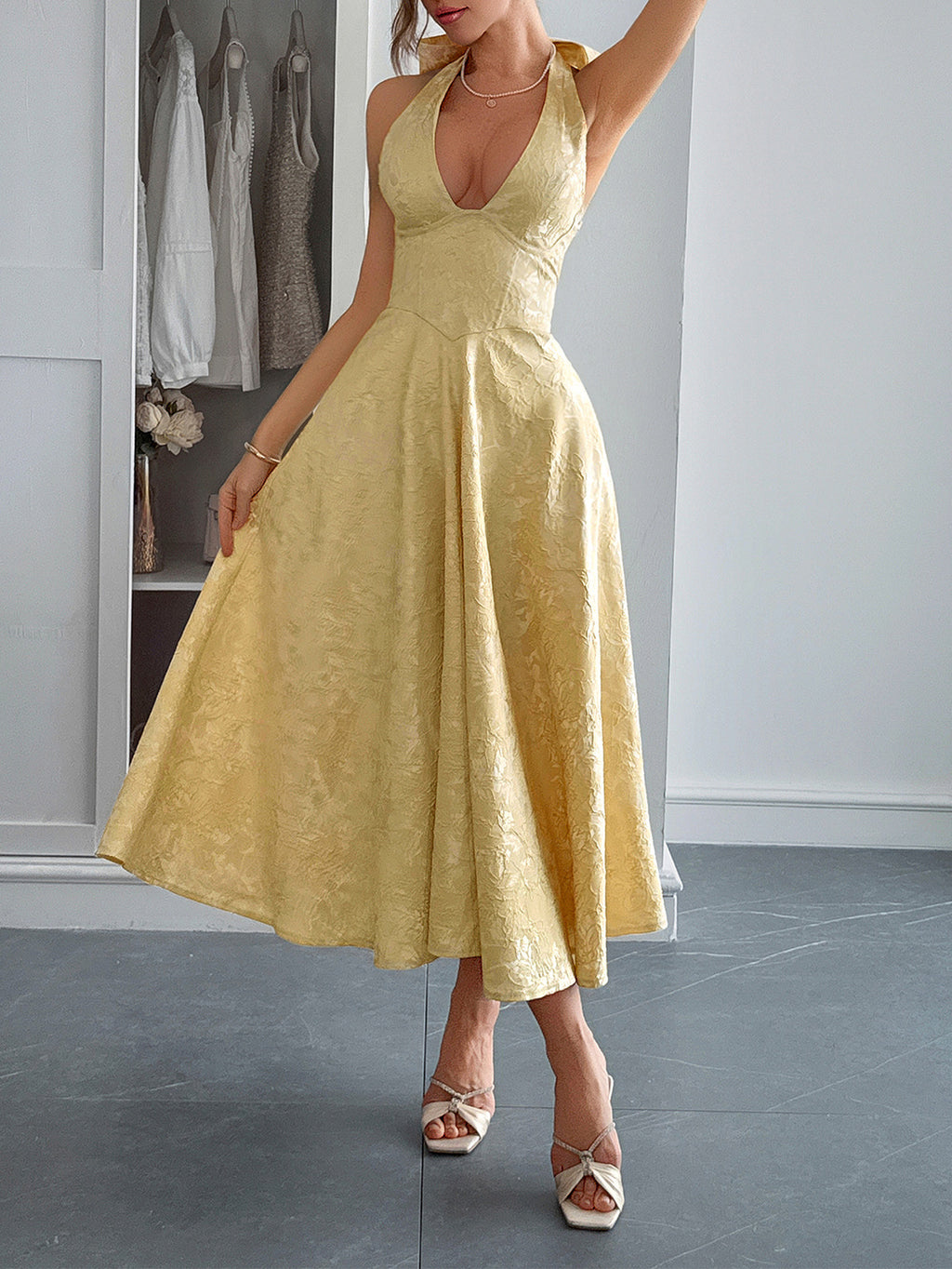 Plunge Neck Jacquard Fit and Flare Dress - view 1
