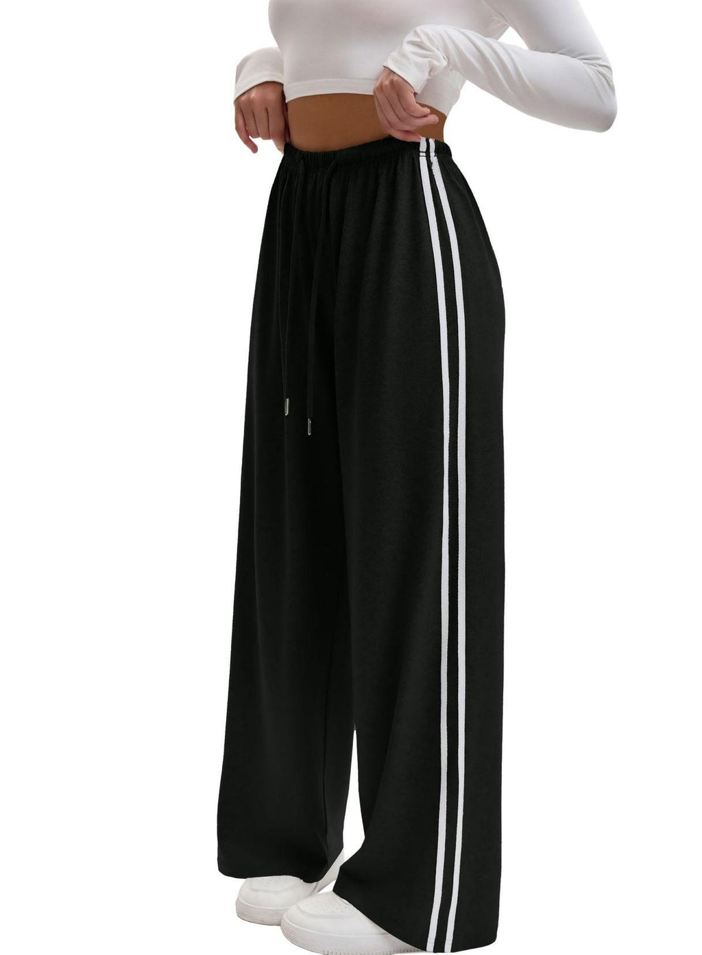 Side Stripe Wide Leg Track Pants - Black