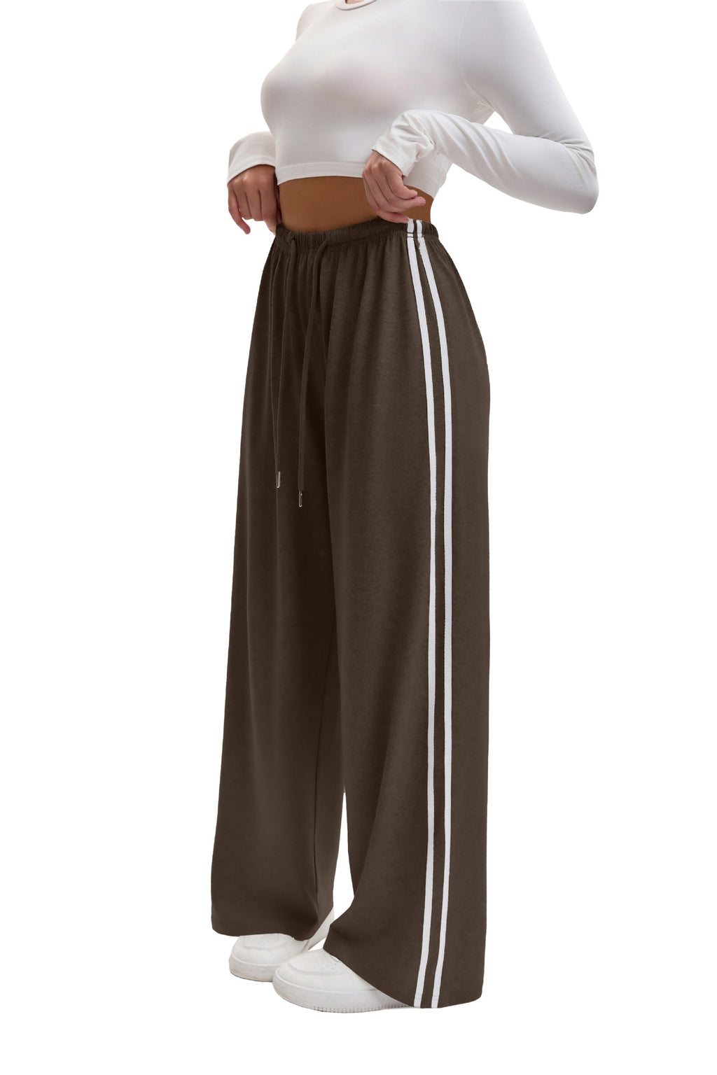 Side Stripe Wide Leg Track Pants - Brown - 1