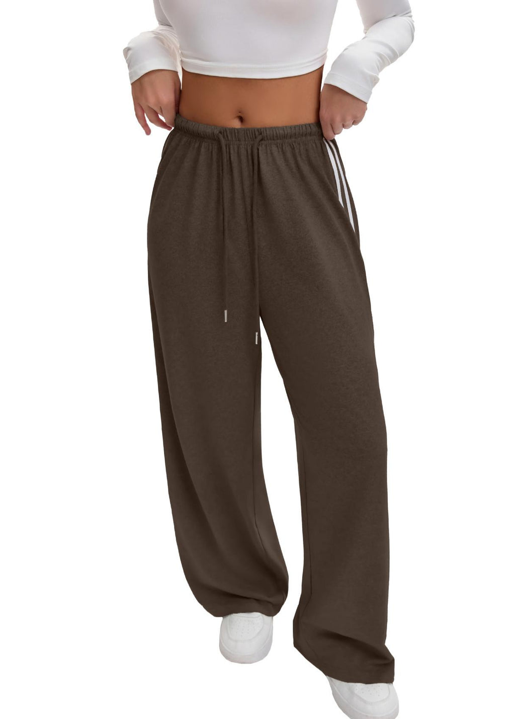Side Stripe Wide Leg Track Pants - Brown - 2