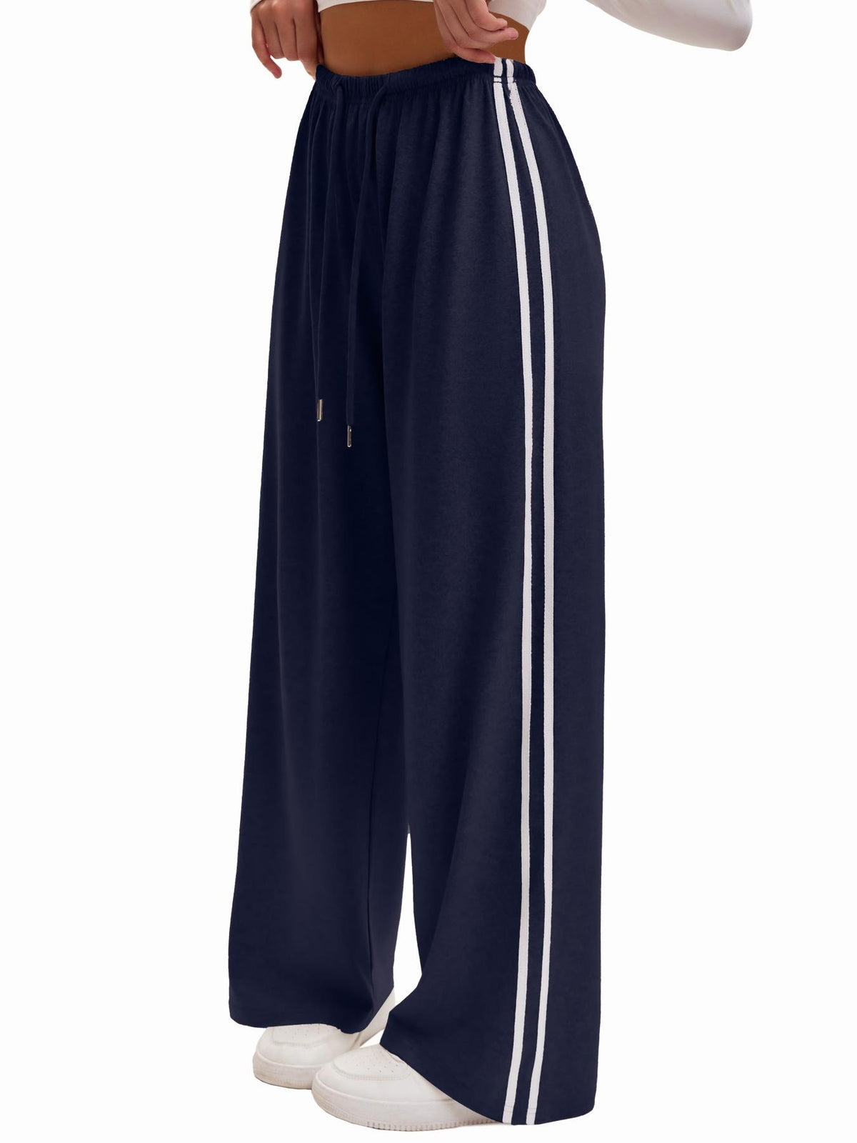 Side Stripe Wide Leg Track Pants - DarkBlue