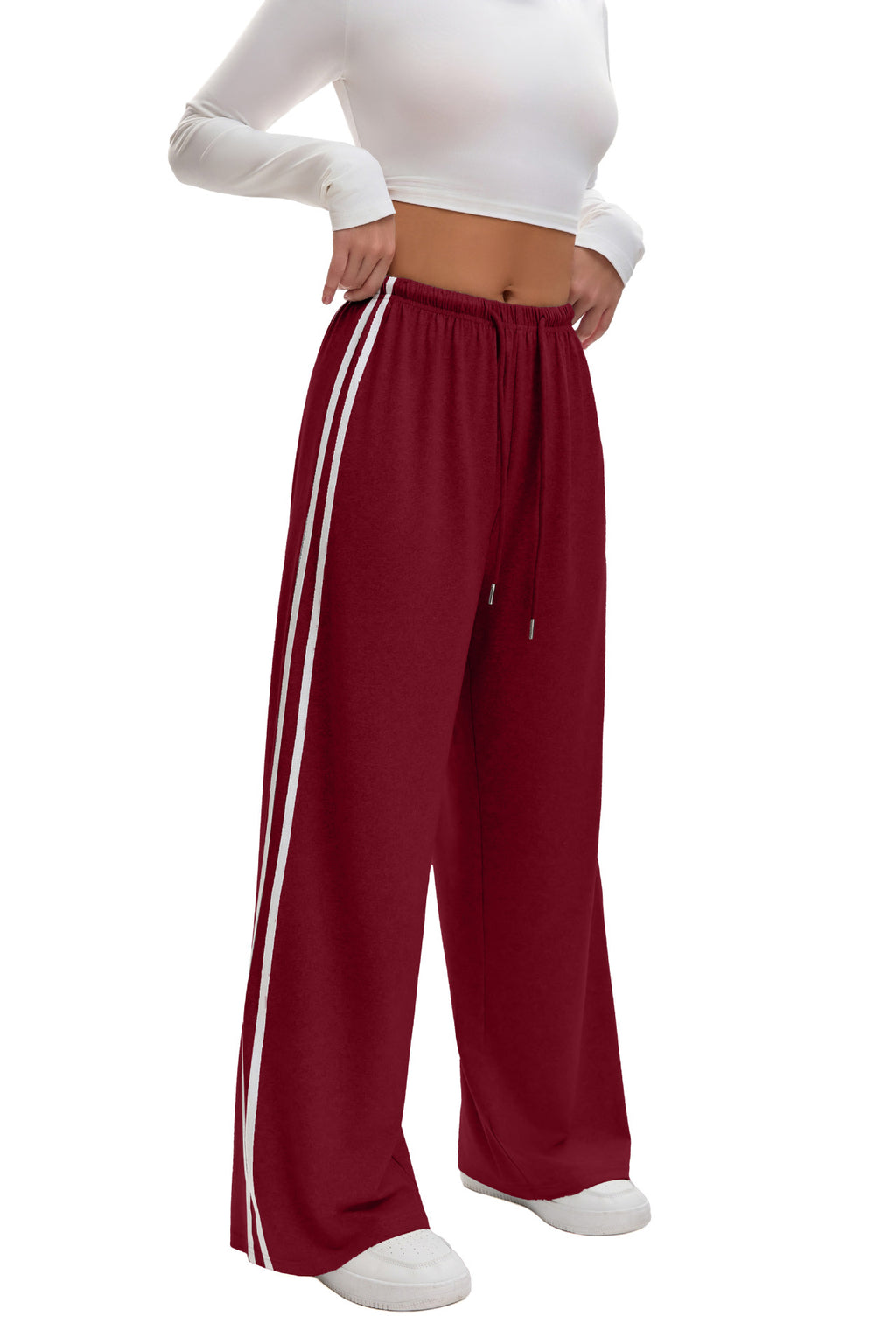 Side Stripe Wide Leg Track Pants - Wine_red - 3