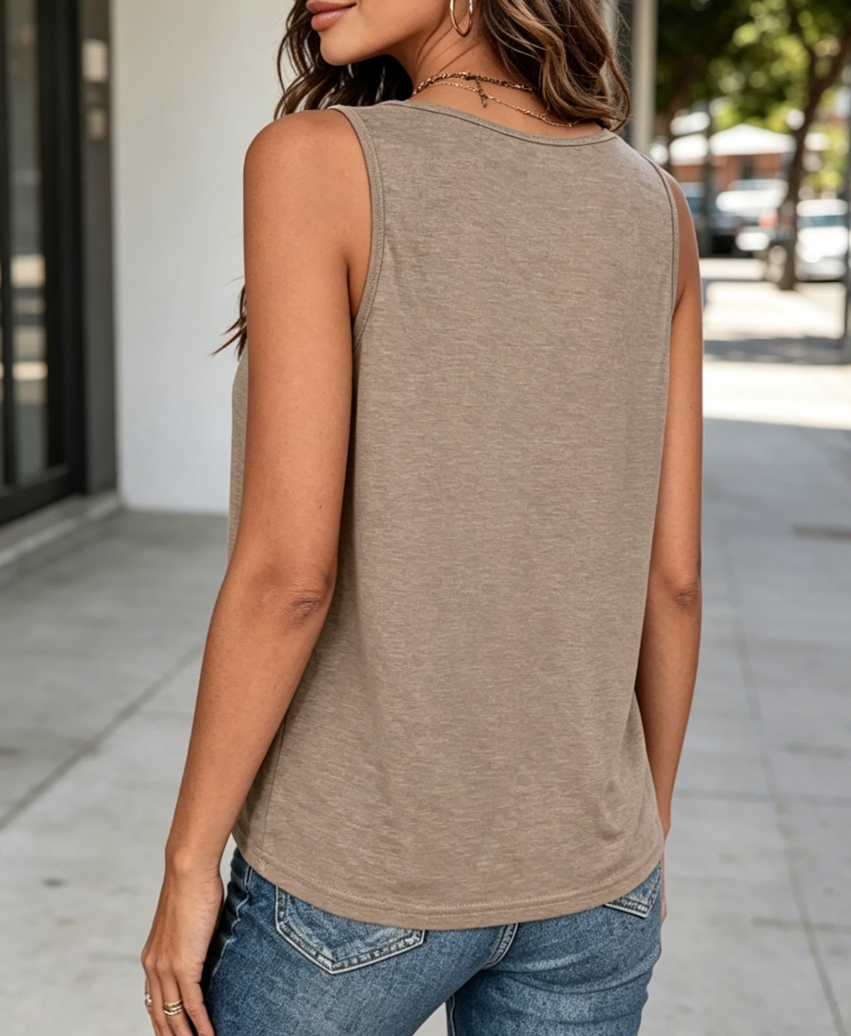 Pleated V Neck Flowy Tank Top - Khaki - 1