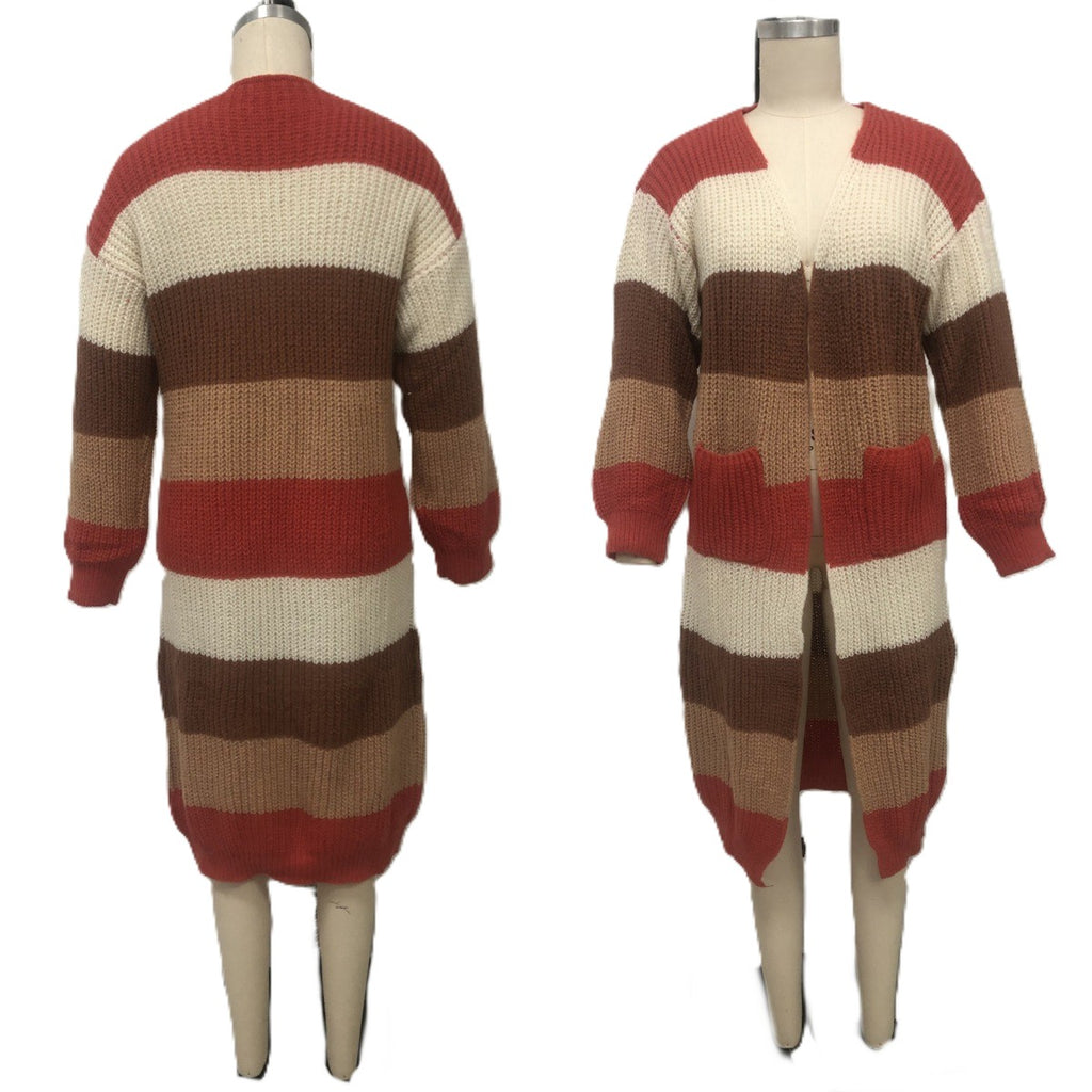 Colorblock Striped Longline Duster Cardigan - Brown