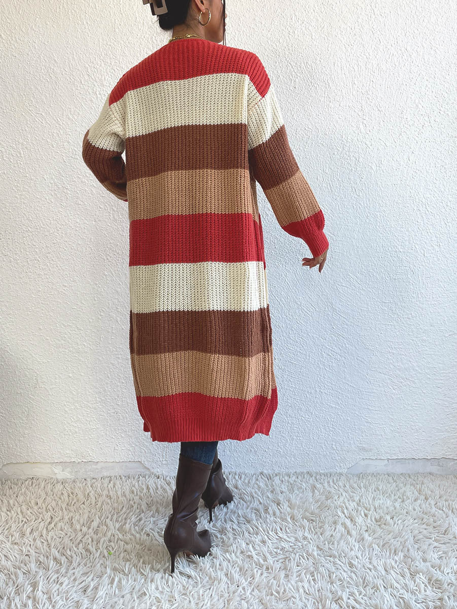 Colorblock Striped Longline Duster Cardigan - Brown - 1