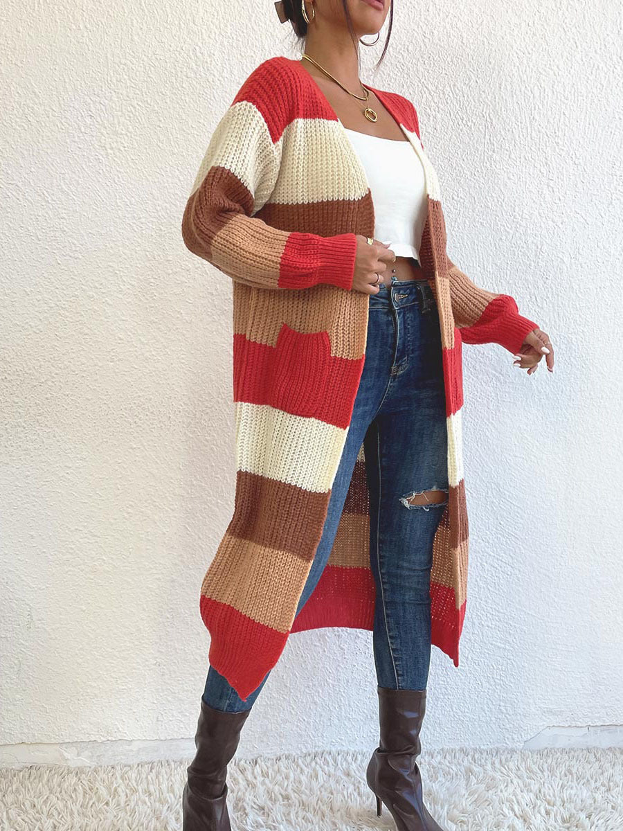 Colorblock Striped Longline Duster Cardigan - Brown - 2