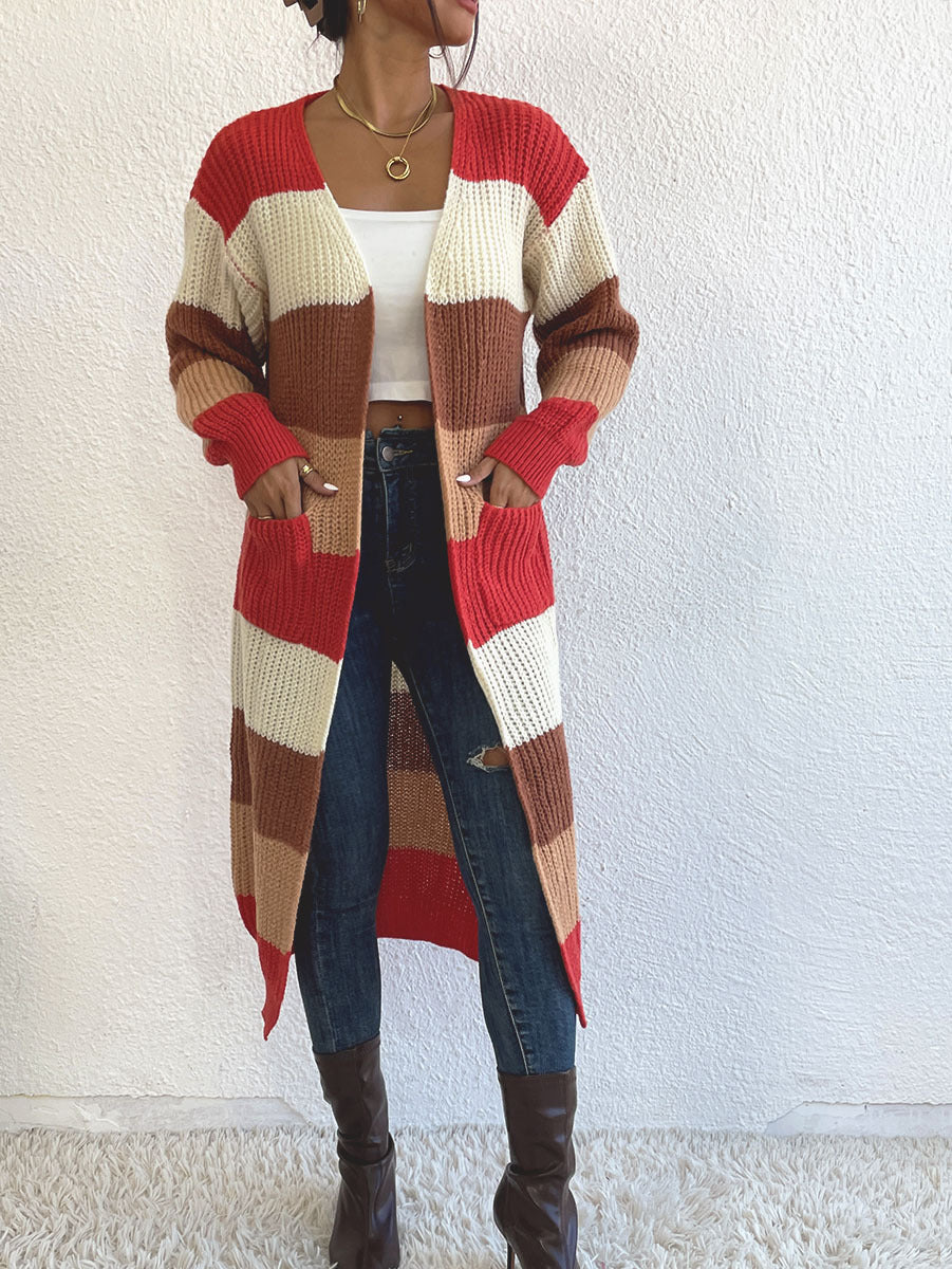 Colorblock Striped Longline Duster Cardigan - Brown - 3