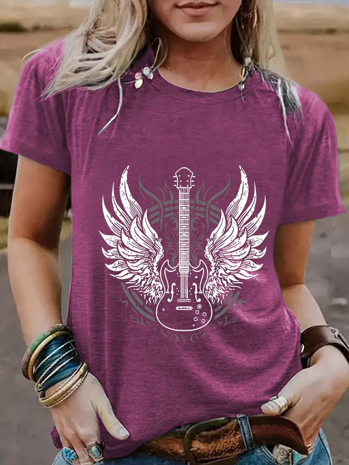 Winged Guitar Graphic Short Sleeve Tee - Berry
