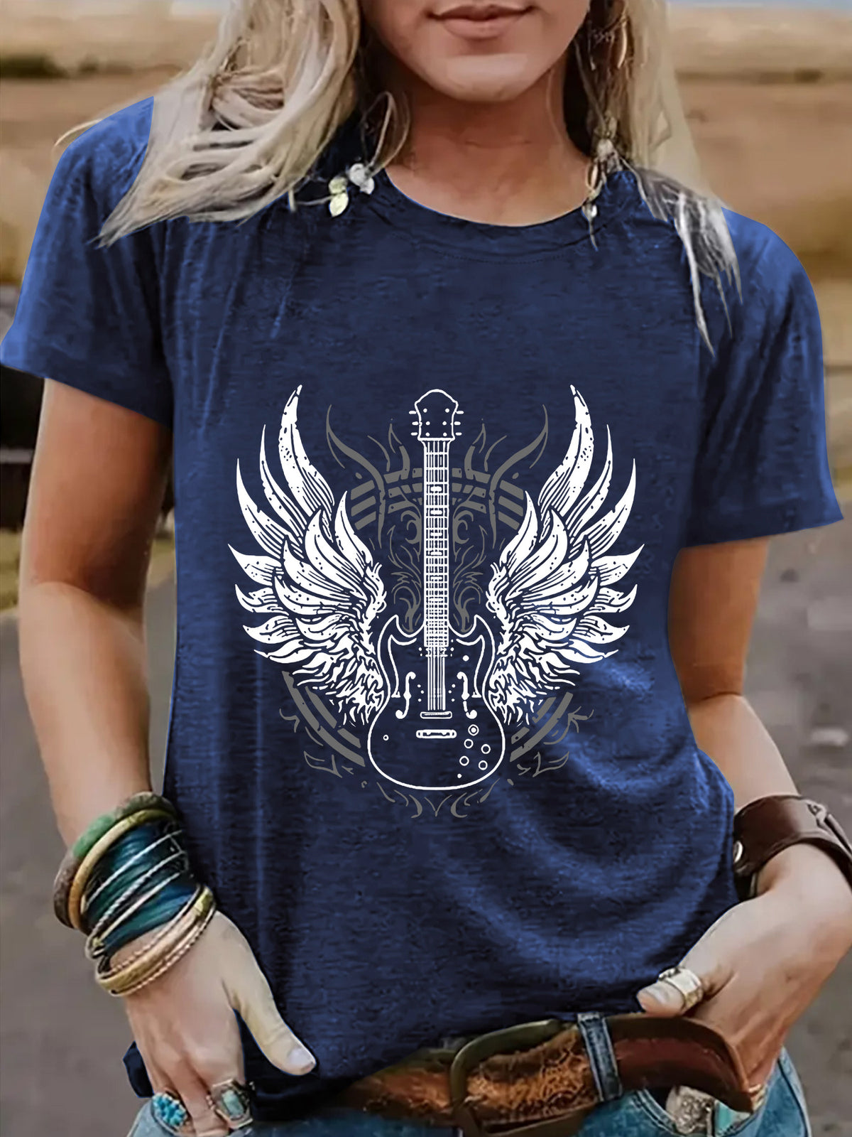 Winged Guitar Graphic Short Sleeve Tee - Blue
