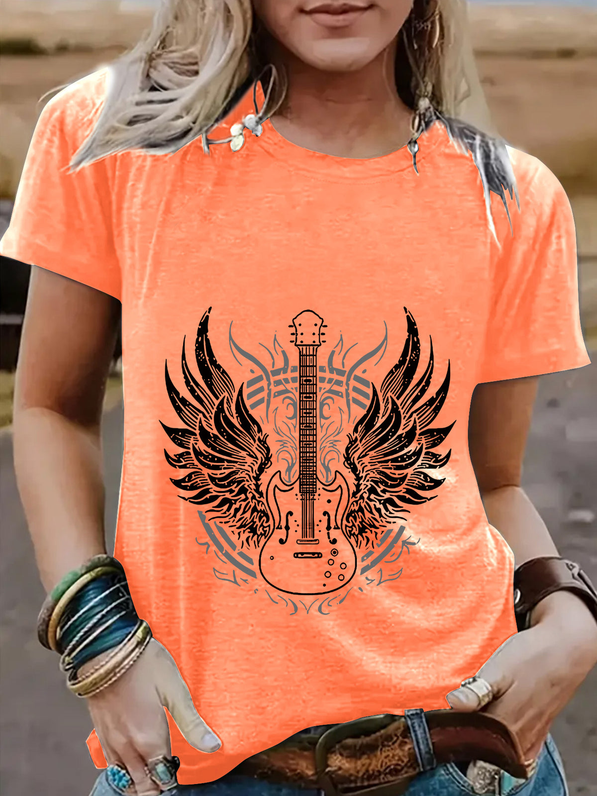 Winged Guitar Graphic Short Sleeve Tee - Orange