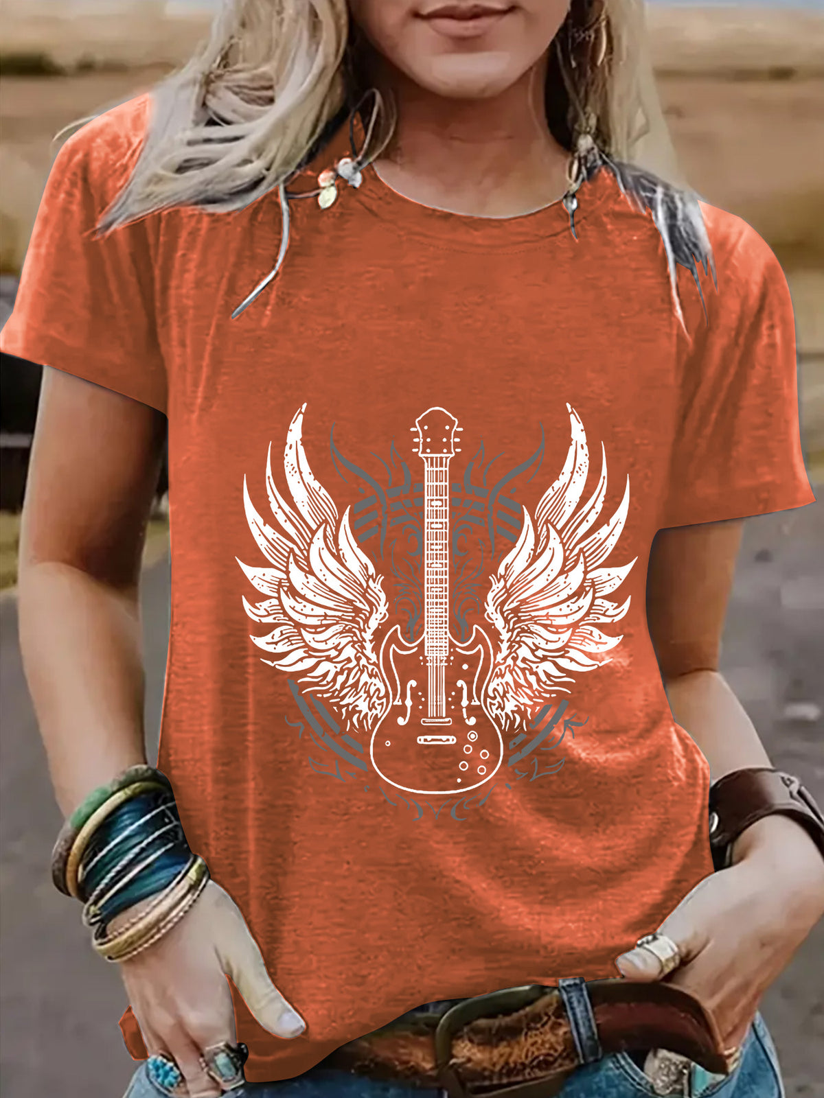 Winged Guitar Graphic Short Sleeve Tee - Rust