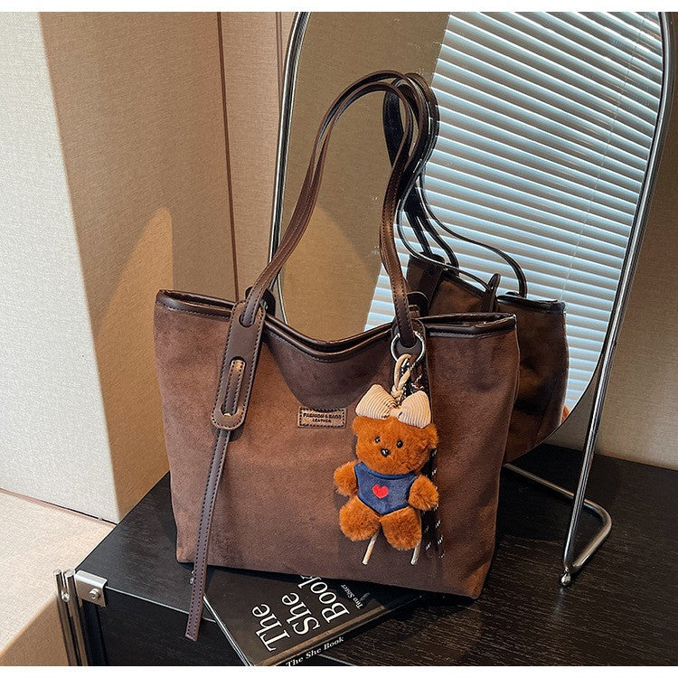 Faux Suede Shoulder Tote Bag - Chocolate Charm