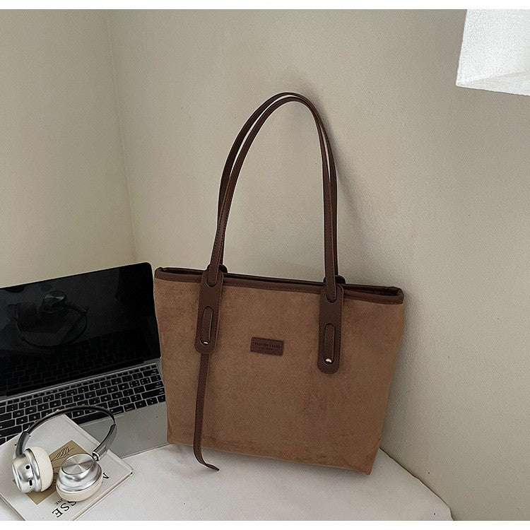 Faux Suede Shoulder Tote Bag - Khaki