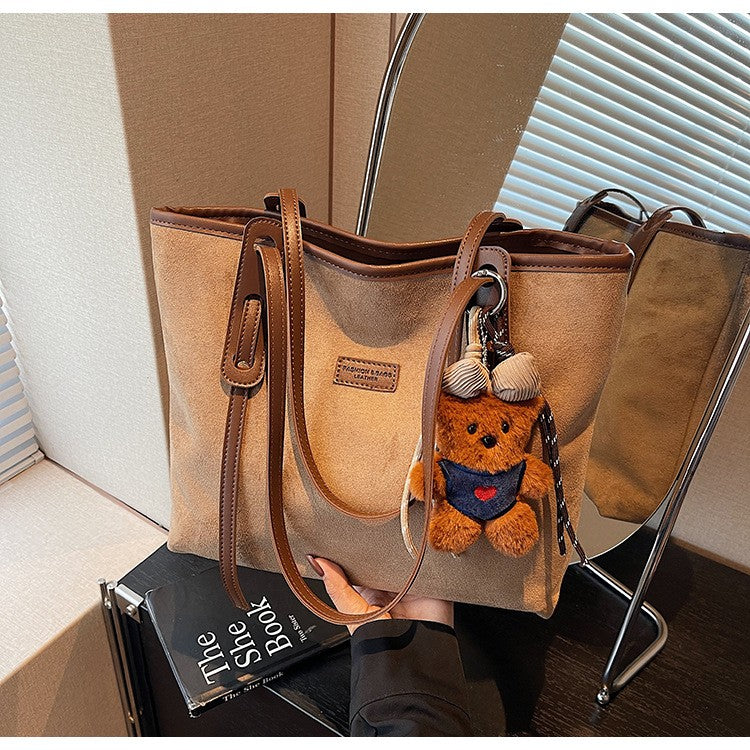 Faux Suede Shoulder Tote Bag - Khaki Charm