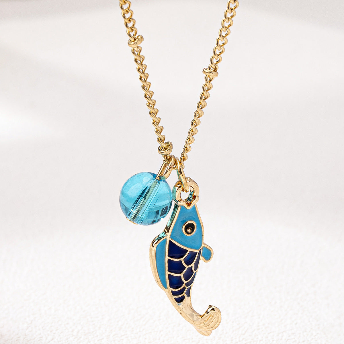 Enamel Fish Charm Pendant Necklace - Blue - 1