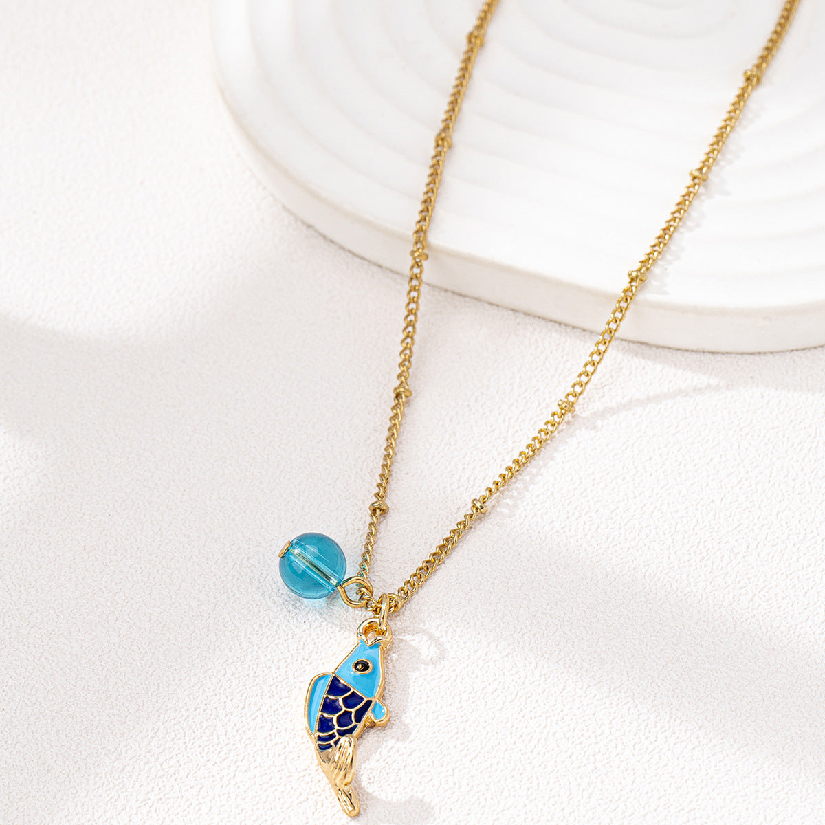 Enamel Fish Charm Pendant Necklace - Blue - 2