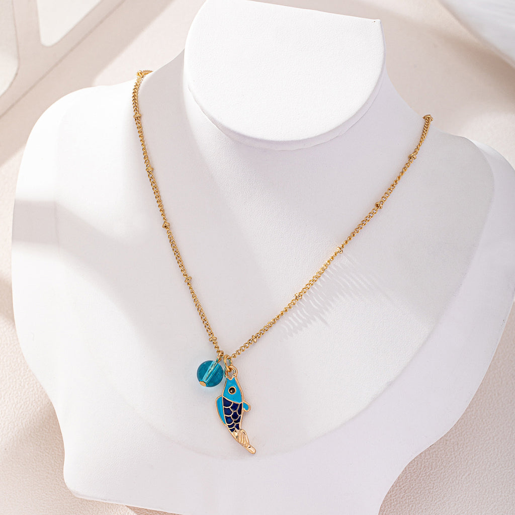 Enamel Fish Charm Pendant Necklace - Blue - 3