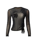 Y2K Handprint Ruched Sheer Mesh Top - Black