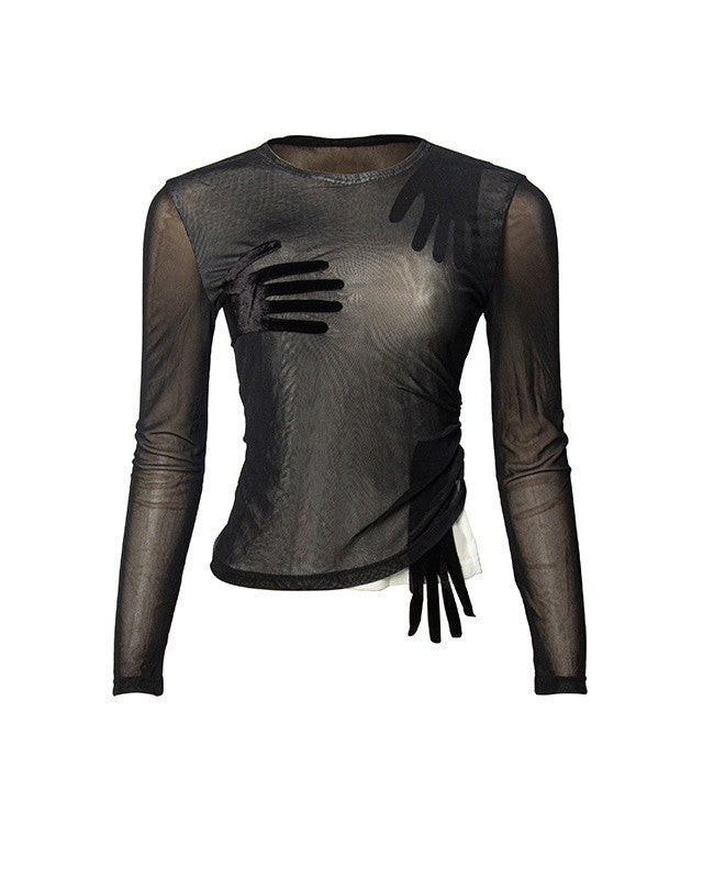 Y2K Handprint Ruched Sheer Mesh Top - Black