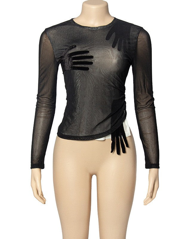 Y2K Handprint Ruched Sheer Mesh Top - Black - 1